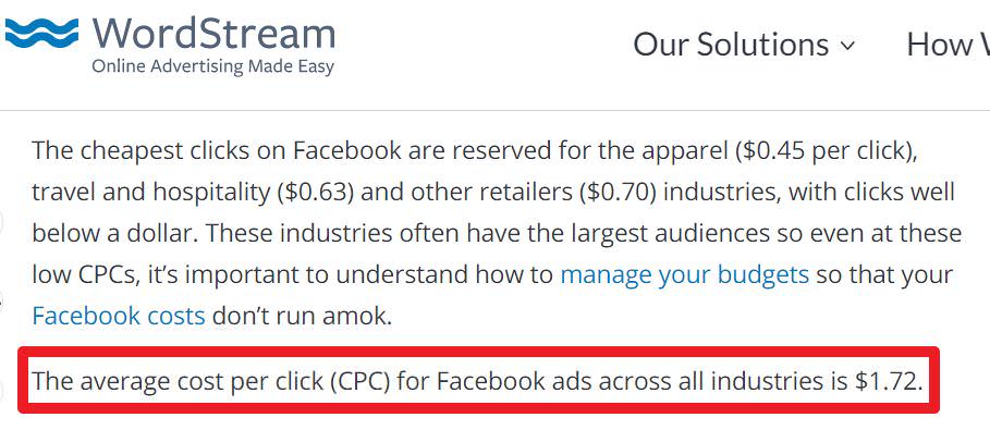 根據WordStream網站分析，Facebook(Instagram)廣告平台的平均投放CPC大約是美金1.72元，換算新台幣約48.1元。